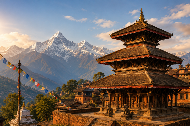 Khulal Basnet history featured image showing traditional Nepalese temple, Himalayan mountains, and cultural heritage landscape.